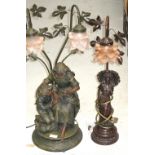 Two reproduction figural table lamps, "Confidence" and a lady with a parasol,