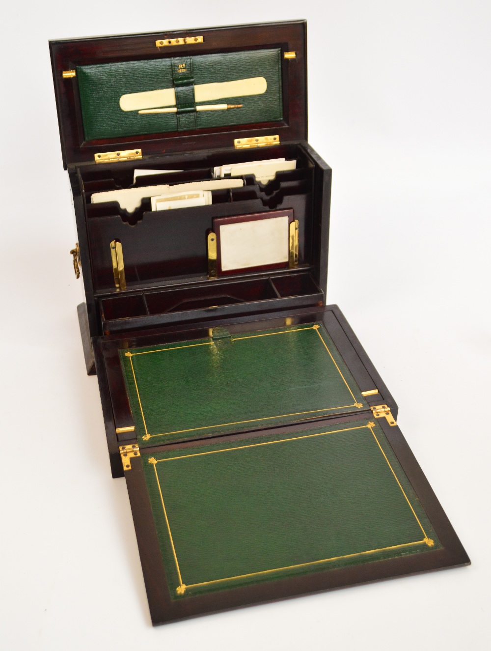 An Edwardian rosewood and inlaid rectangular writing box, with hinged lid above fall front enclosing - Image 2 of 2