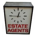 A large electric square clock, inscribed "Estate Agents,