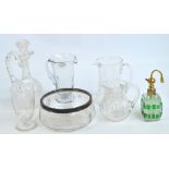 Three clear glass jugs, a decanter and stopper, a bowl with plated mounts, a small celery jar,