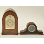 An Edwardian inlaid lancet shaped mantel clock with engraved dial and eight day movement, height 36.