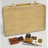 A group of collectors' items comprising a Mauchlineware nib case and a pocket watch holder,