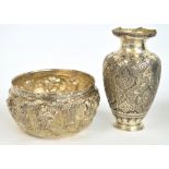 An Indian white metal bowl decorated with vignettes of figures, possibly deities, diameter 17cm,