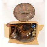 A quantity of collectors' items including a leather hat box, a leather collar box, knife rests,