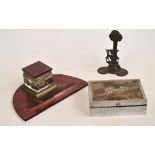 A vintage glass and chrome ink stand with glass square section inkwell and pen recess,