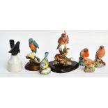 Four Royal Worcester matt birds; robin, chaffinch, blue tit, and wren,