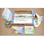 A quantity of playworn toys including an O gauge engine and boiler (af),