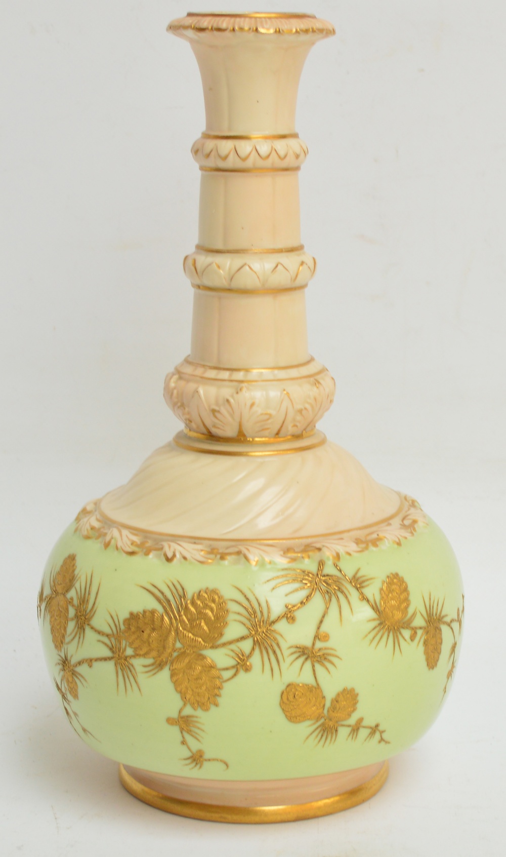A large Locke & Co. Worcester bottle vase with gilt pine cone decoration on pale green ground and