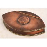 A George III copper lancet shaped snuff box set with a coin to lid, length 9.75cm.