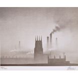 After TREVOR GRIMSHAW; a signed limited edition black and white print, "Church and Chimneys", no.