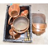 A quantity of 19th century and later metalware to include a copper coal scuttle,