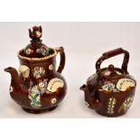 A Victorian barge ware treacle glaze teapot "To A Friend" applied moulded decoration, height 29cm