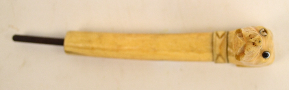 A bone walking cane handle in the form of a greyhound with collar, height 11.5cm (one eye af). - Image 2 of 3