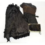 A quantity of textiles comprising two Edwardian/Victorian mourning capes, both lace trimmed,