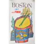 DAVID KLEIN (1918-2005); a large poster lithograph in colours "Boston, Fly TWA", 101 x 64cm,