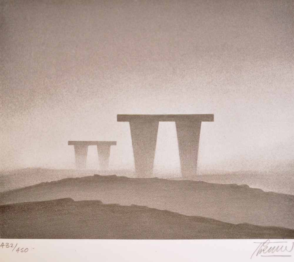 After TREVOR GRIMSHAW; a signed limited edition black and white print, "The Monoliths", no.