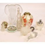 A group of glass items including a post 1945 Lalique figure of a bird, a Baccarat model of a duck, a