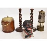 A Dinah money bank, a miner's lamp, and pair of oak barleytwist candlesticks,