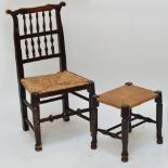 A 19th century spindle back rush seated chair and a rustic rush topped stool (2).