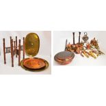 A quantity of metalware including a large circular twin handled Arts and Crafts hammered copper