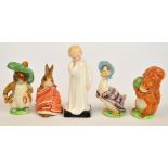 Four Beswick Beatrix Potter figures; "Poorly Peter Rabbit", "Squirrel Nutkin", "Jemima Puddleduck"