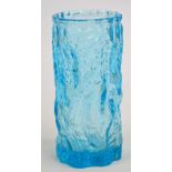 A 1970s Whitefriars style blue glass vase with bark effect texture and crimped rim, height 20.5cm.