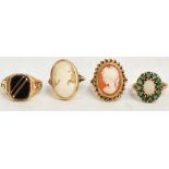 Four 9ct yellow gold dress rings comprising two cameo examples,