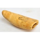 A scrimshaw whale's tooth, engraved with a woman playing a mandolin, length 14cm. CONDITION