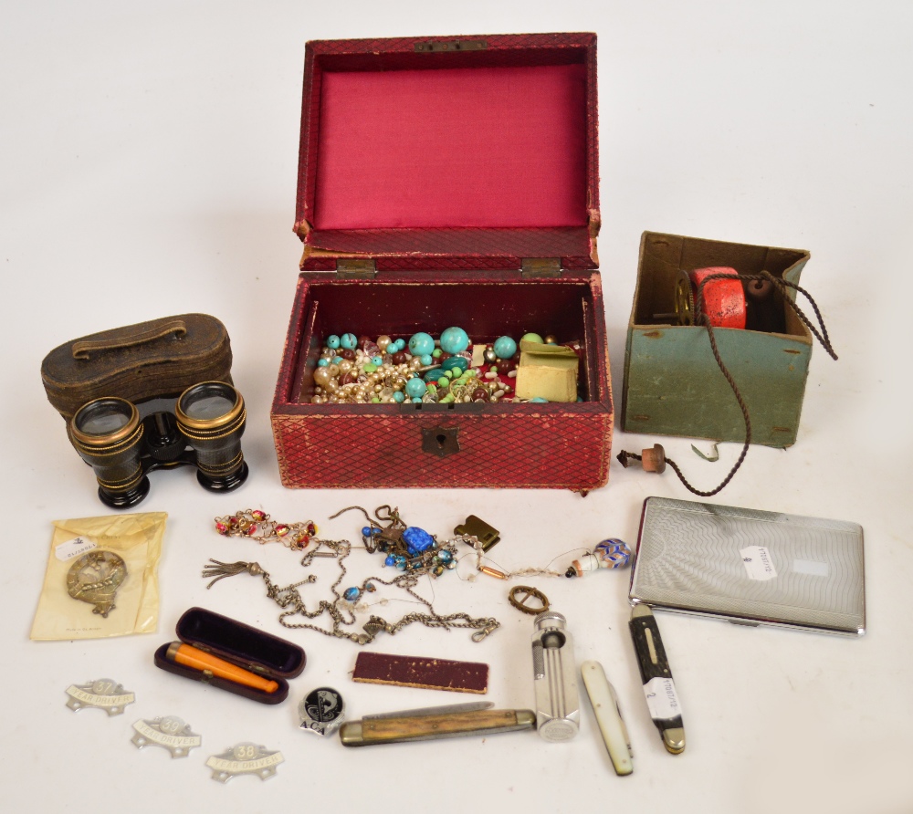 A group of collectors' items, including a cased pair of leather covered opera glasses,