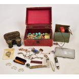 A group of collectors' items, including a cased pair of leather covered opera glasses,