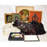 A quantity of textile items including a rag rug, plain embroidered and lace edged table linen,