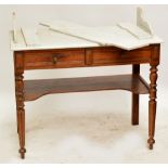 A French oak two drawer wash stand with marble top (marble top part af).