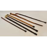 A collection of six walking sticks including white metal mounted and collared examples,