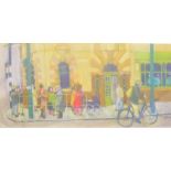 JEM; 1960s pastel, street scene with man riding a bicycle, signed lower right, 12 x 28.