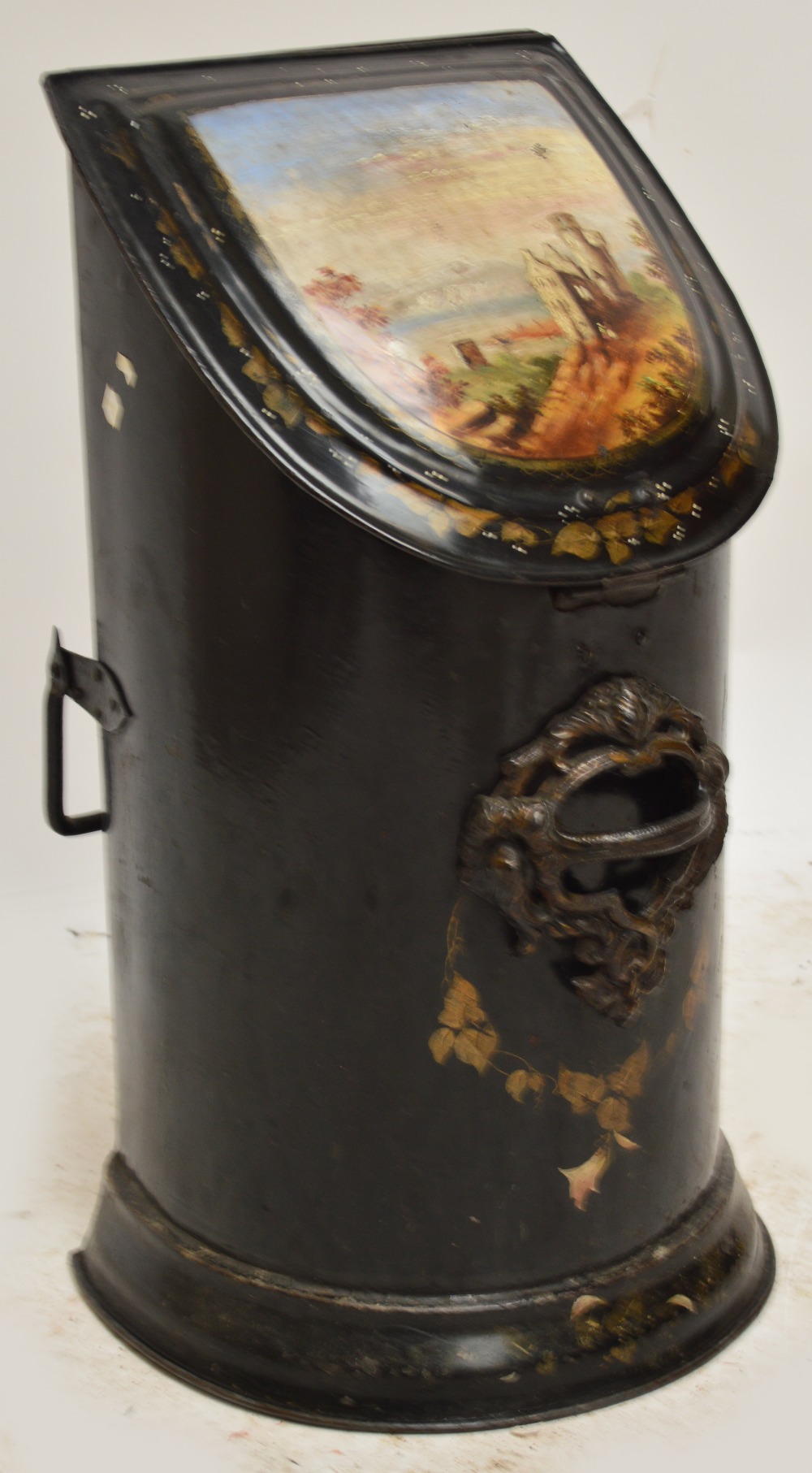 A Victorian toleware coal scuttle with hinged lid painted with a view of Ehrenfels Castle.