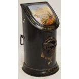 A Victorian toleware coal scuttle with hinged lid painted with a view of Ehrenfels Castle.