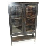 An ebonised two door display cabinet raised on square section legs united by an under tier.