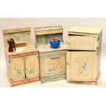 An unusual child's three piece kitchen set with printed stencil decoration comprising an oven,