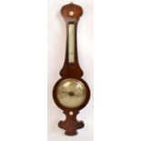 A 19th century rosewood banjo thermometer/barometer with silvered dial and mother of pearl tabs,