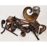 A late 19th centurn ram's horn table snuff mould with hinged pewter mounts and a collection of