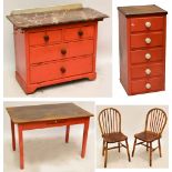 A kitchen table with single drawer, two chairs and two chests (5).