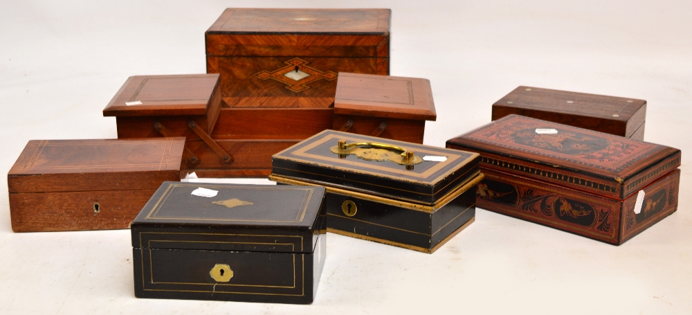 A collection of work boxes including a Victorian rosewood example,