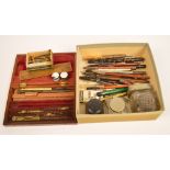 A mixed lot of writing equipment including various fountain pens, dip pens,