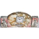 An Art Deco marble and chromed three piece clock garniture, width of central timepiece 25cm.