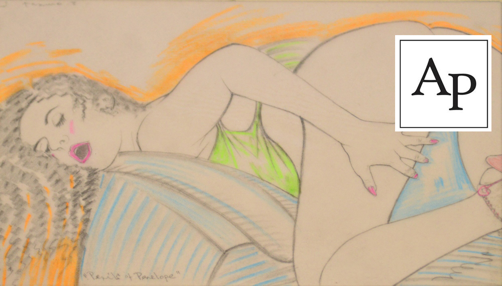 DAVID WILDE (1913-1974); seven original drawn frames from "The Perils of Penelope" erotic comic