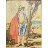 A Victorian woolwork picture depicting a huntsman, 32 x 27cm,