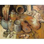 KEN MORONEY (born 1949); oil on canvas, still life study of artist's palette and equipment, signed,