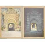 GEOFF BUTTERWORTH; two watercolours framed as one "Walker Into Light, The Greek Gate, Mdina - Malta,