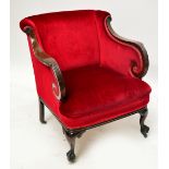 Alate 19th century Irish mahogany and line inlaid tub chair upholstered in burgundy velvet with