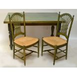 A green stained pine kitchen table with baluster legs, width 141cm,